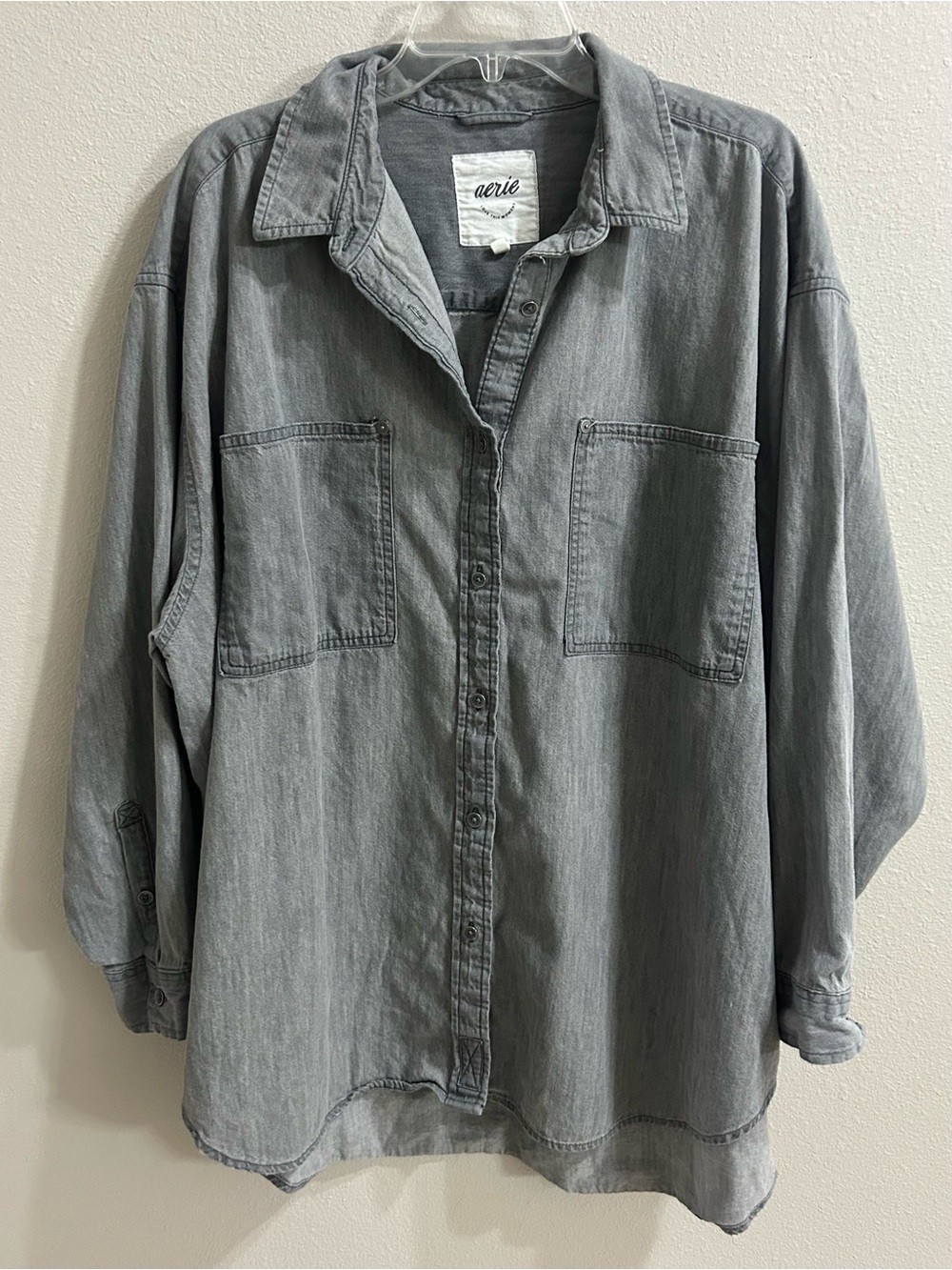Aerie Oversized Button Up Shirt Size XL Gray Twill Anytime Fave Fall Minimalist